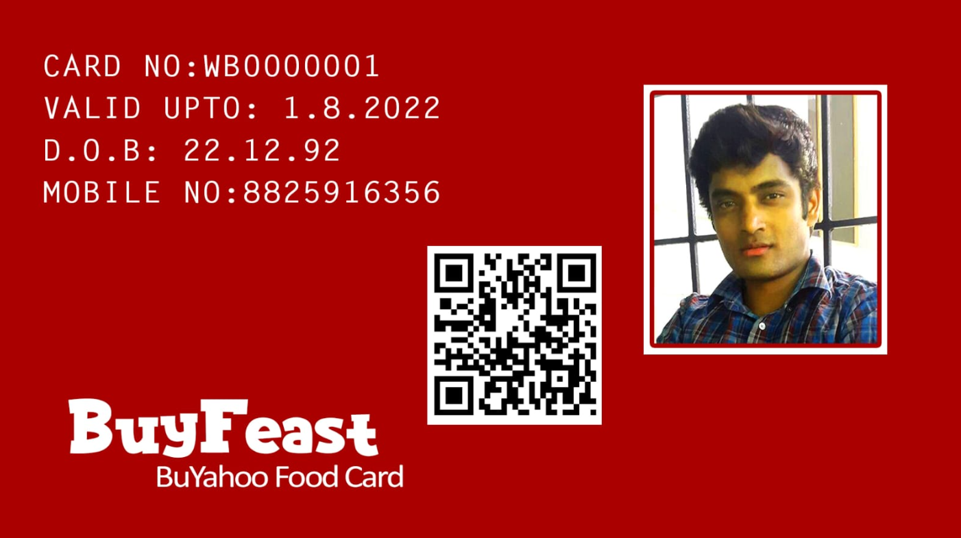 A BuyFeast BuYahoo food card, showing the card number, validity, photo and QR code