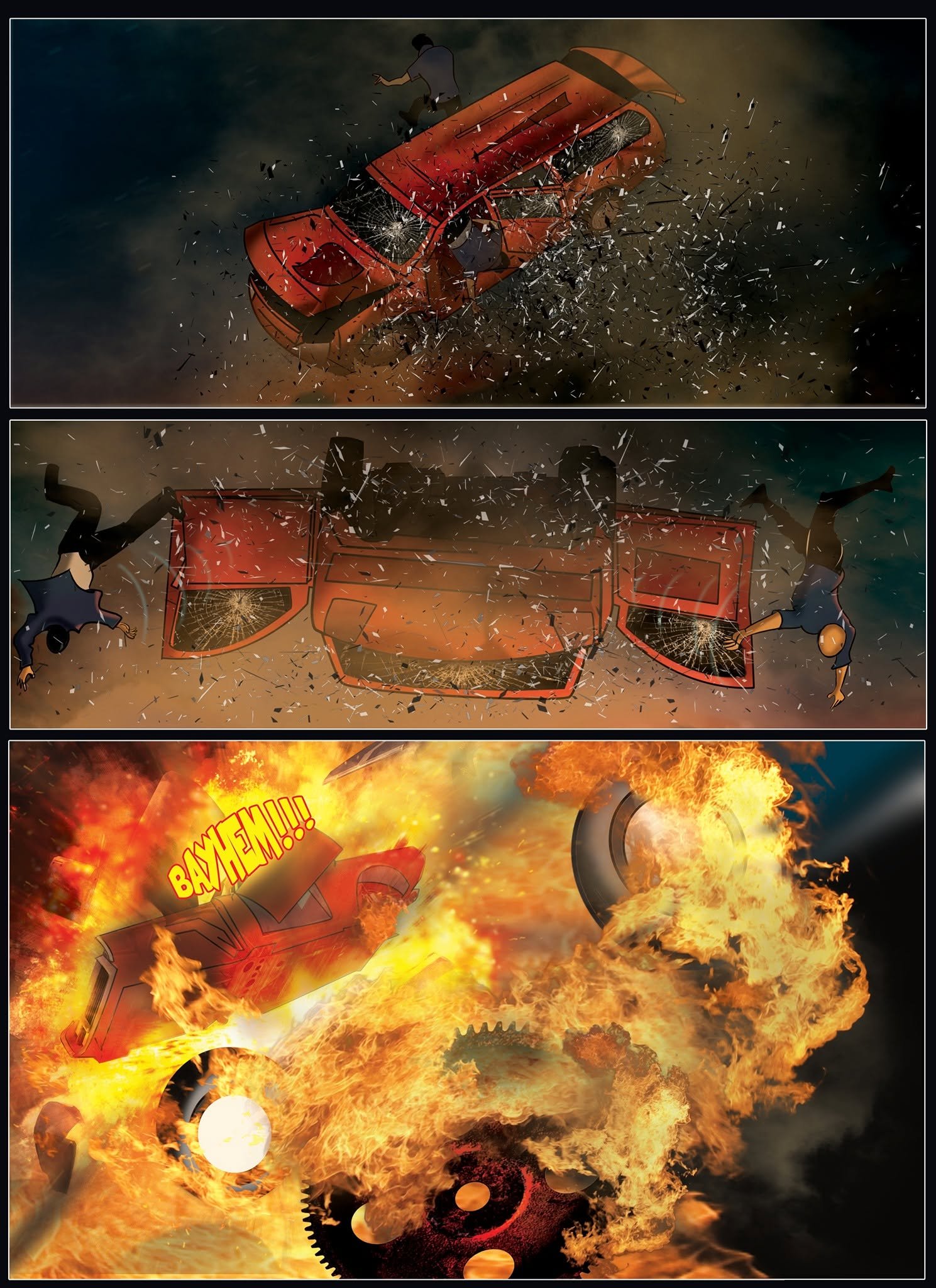 Comic page showing the aftermath of a night-time crash