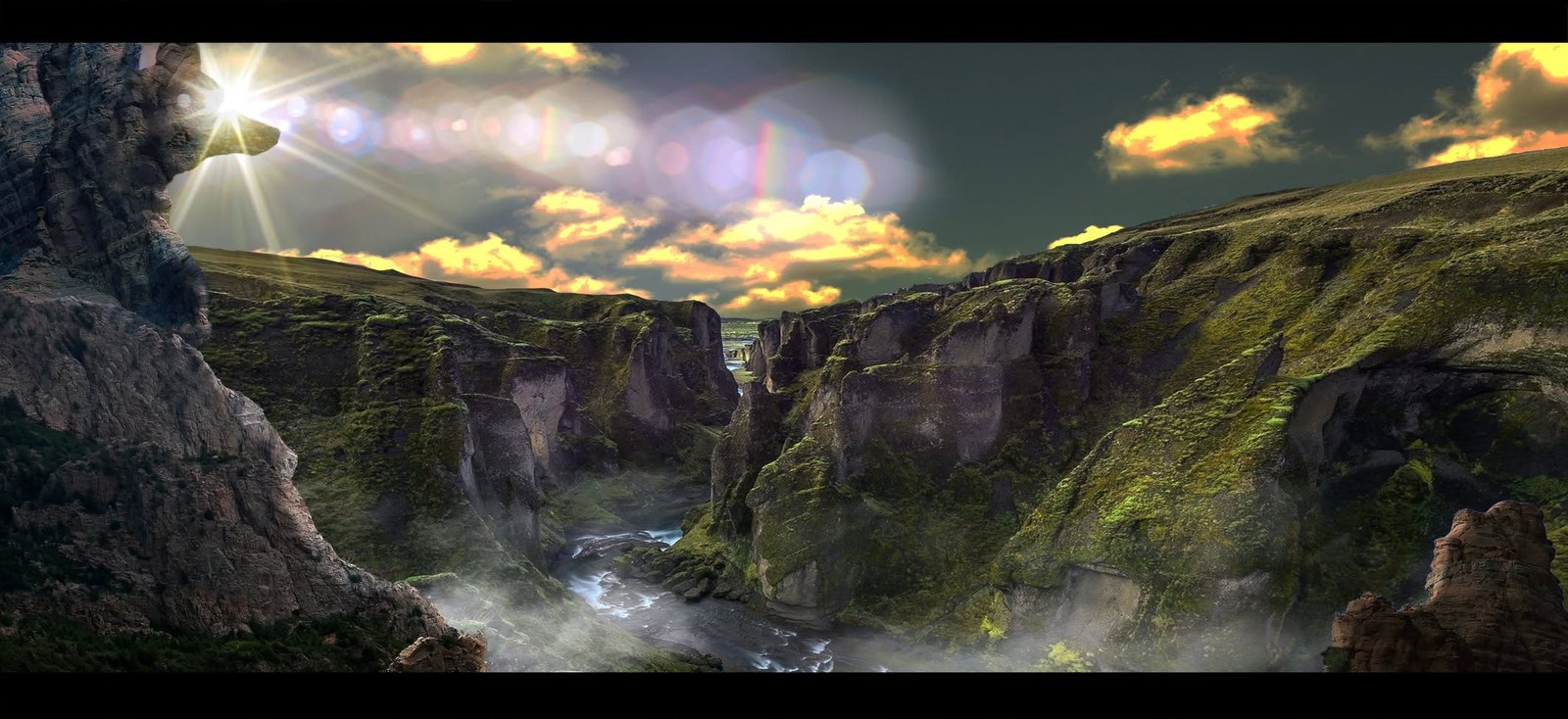 Concept art of a mossy river gorge lit by low sun