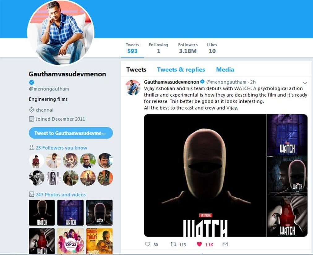 Filmmaker Gautham Vasudev Menon posting about the release of WATCH