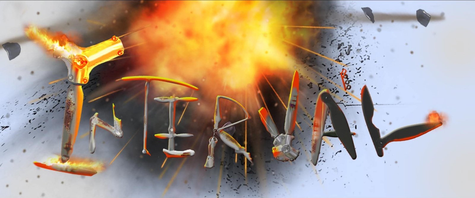Interval title artwork built from tools and debris in an explosion